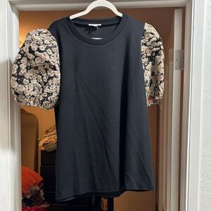 Entro Black Top with Floral Jaquard Puff Sleeves
